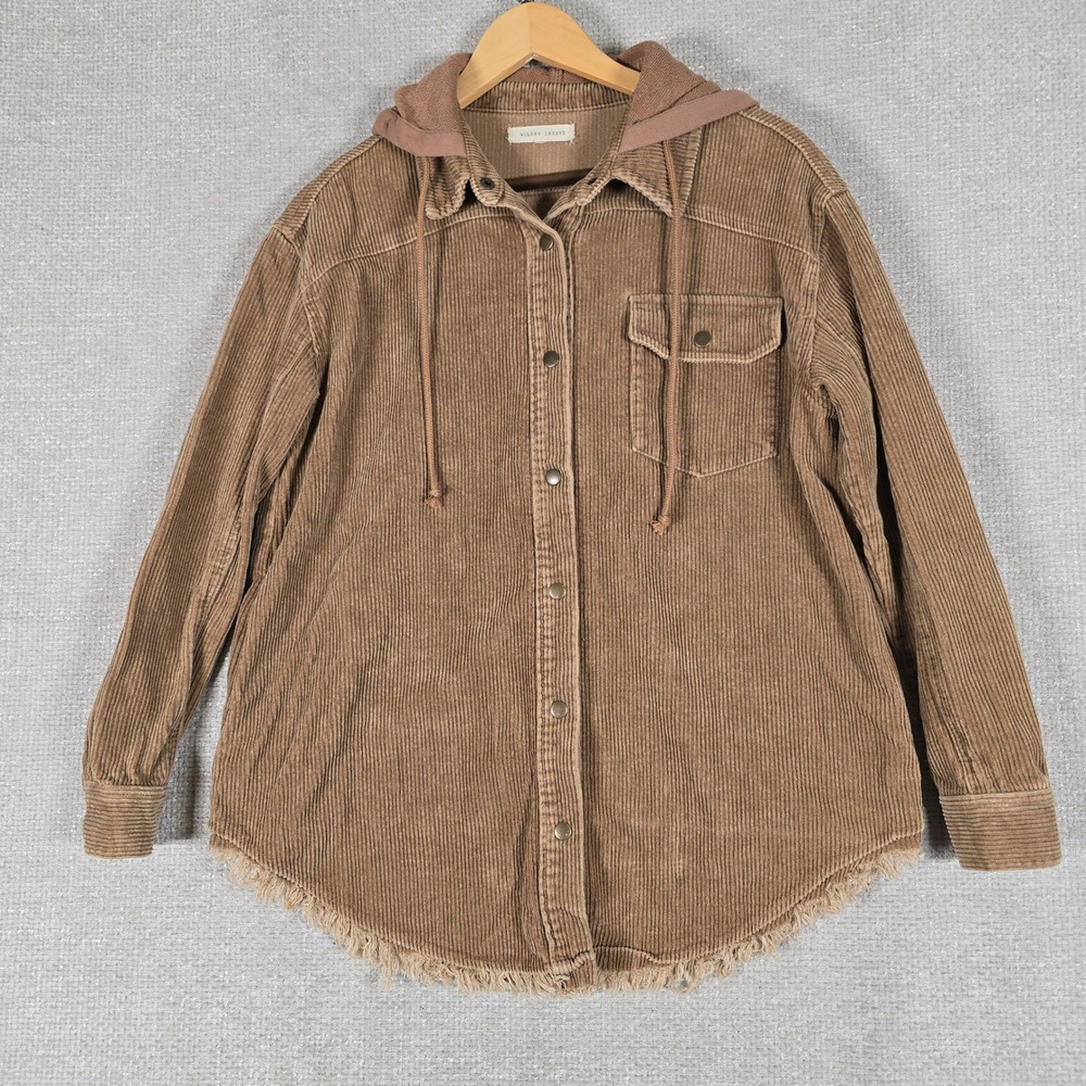 Gilded Intent Brown Corduroy Hooded Shacket Frayed Hem PDI21024 Womens Small??